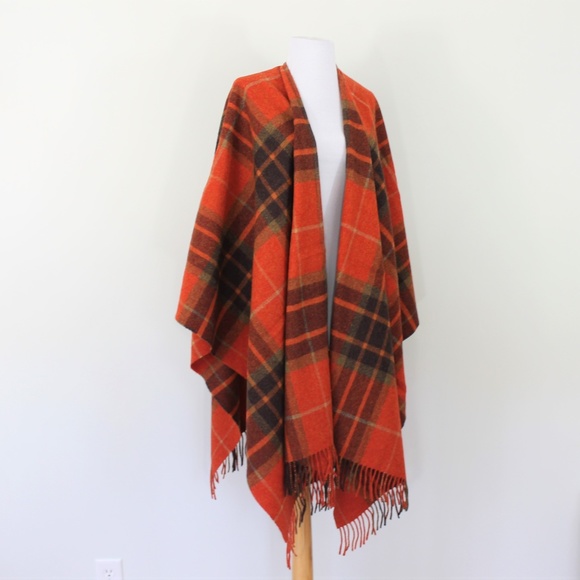 New Made in Ireland Lambs' Wool Wrap Cape Plaid Orange Tan - Picture 2 of 9